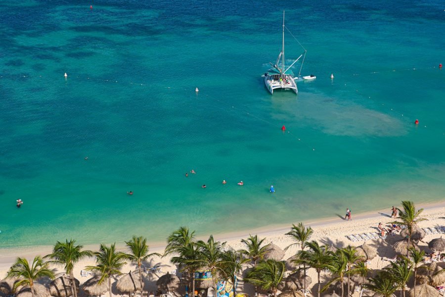 Catamaran anchored in turquoise water